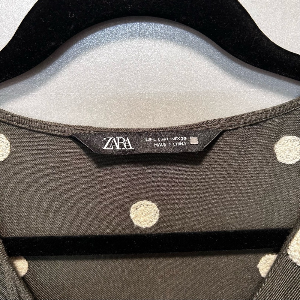 Zara Olive Green Baby Doll Tiered Ruffle Polka Dot Mini Dress Size Large - Picture 2 of 7